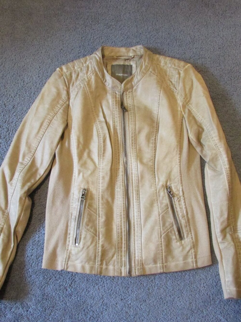 Maurices Small Tan Faux Leather Ribbed Knit Cuffs/Sides Zip Jacket Worn Once Pkt